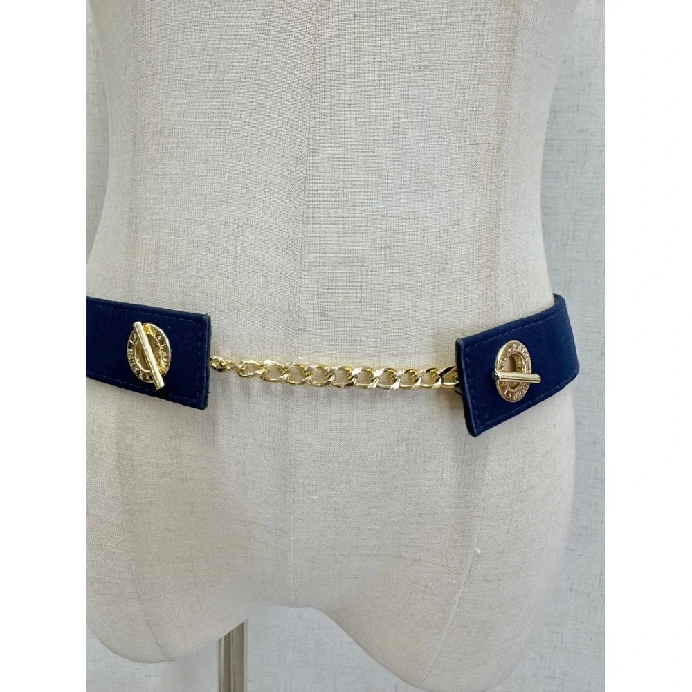 Ralph‎ Lauren Navy Blue Grosgrain Gold Chain Toggle Belt One Size Adjustable